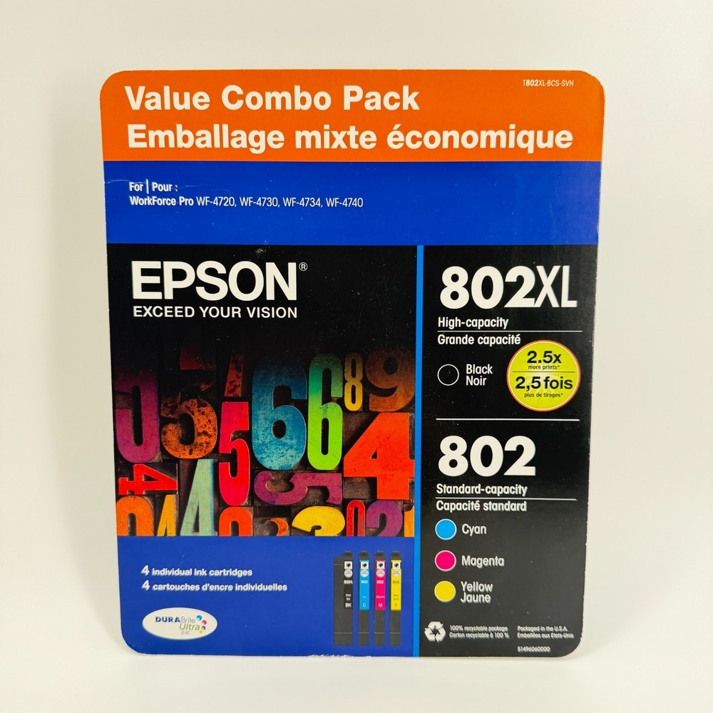 Epson 802XL Black & Epson 802 Cyan Magenta Yellow Ink Set Exp 5/2021, New Sealed